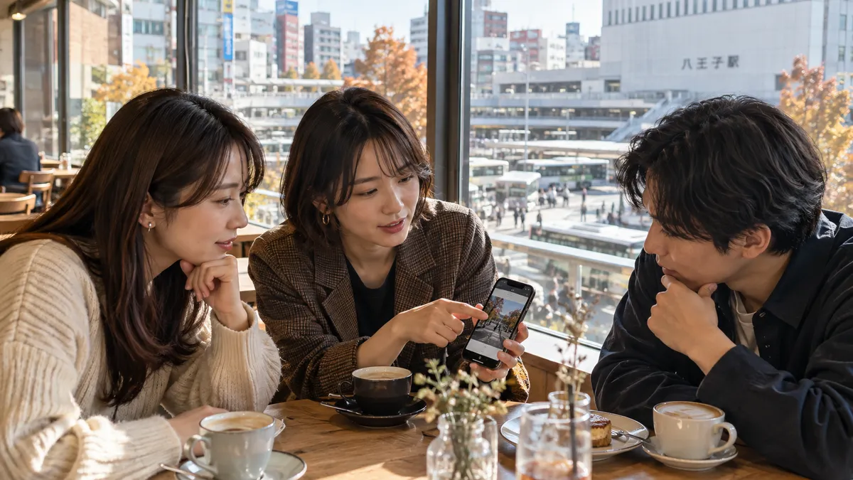 八王子のカフェで外出写真のSNS公開について話し合う3人の実写風イメージ