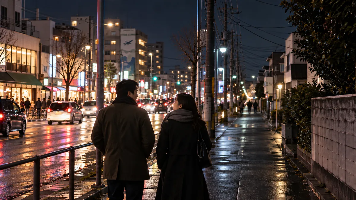 福生の夜の通りを歩きながら街の光景を眺める成人の男女