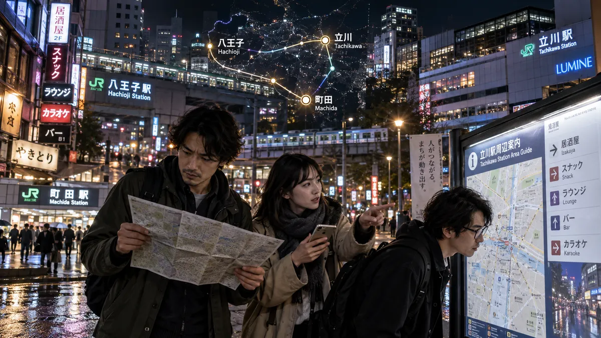 三多摩の夜の街で地図と案内を見比べる3人