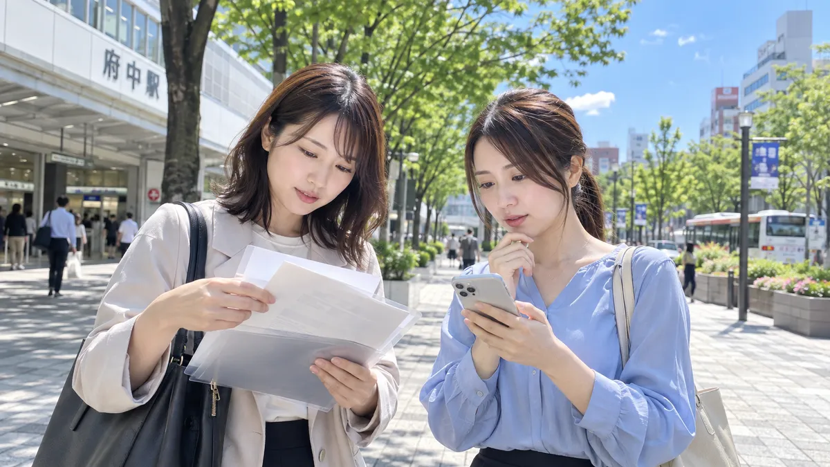 昼の府中のけやき並木で面接前の必要書類を確認する成人女性2人