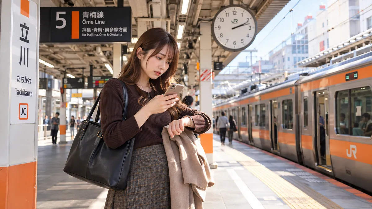 立川駅のJR青梅線ホームで勤務予定と帰りの時間を確認する女性1名の実写風イメージ