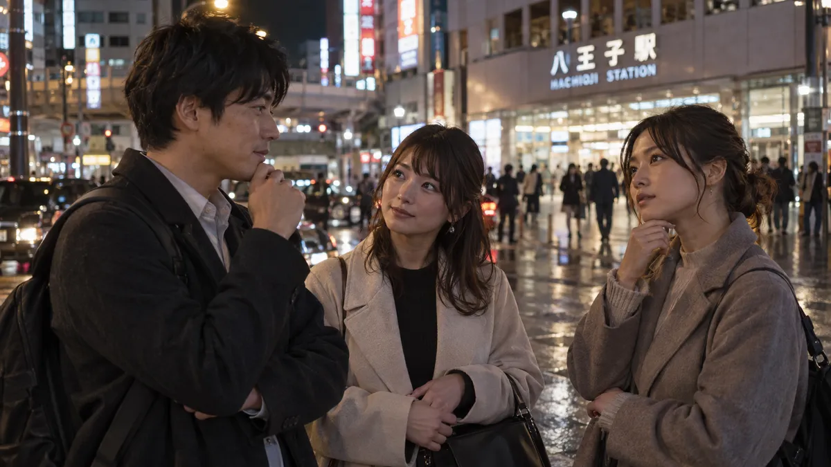 夜の駅前で待ち合わせをする成人男女と、帰る時間を確認する成人女性