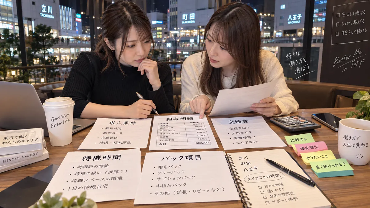 夜の多摩地域で求人条件と給与明細を見比べる女性たち